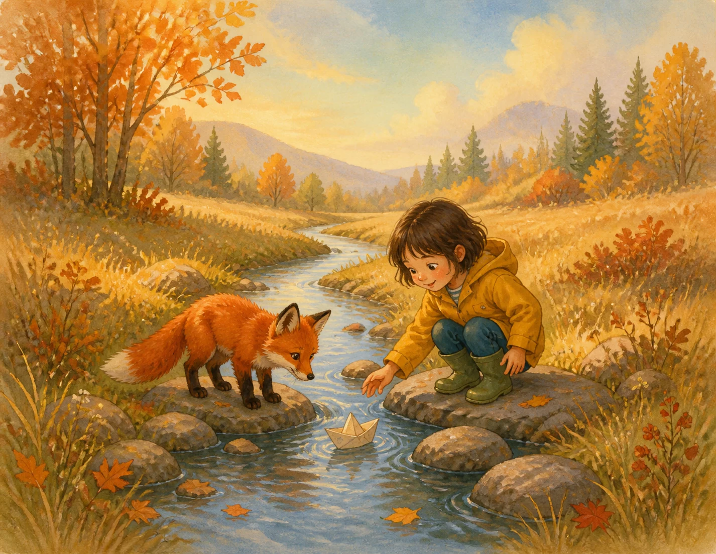 Landscape storybook scene with a child, a fox, and a paper boat beside a winding stream