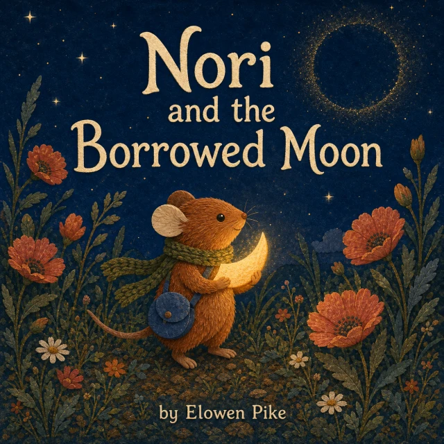 Fictional concept cover for Nori and the Borrowed Moon by the fictional author Elowen Pike