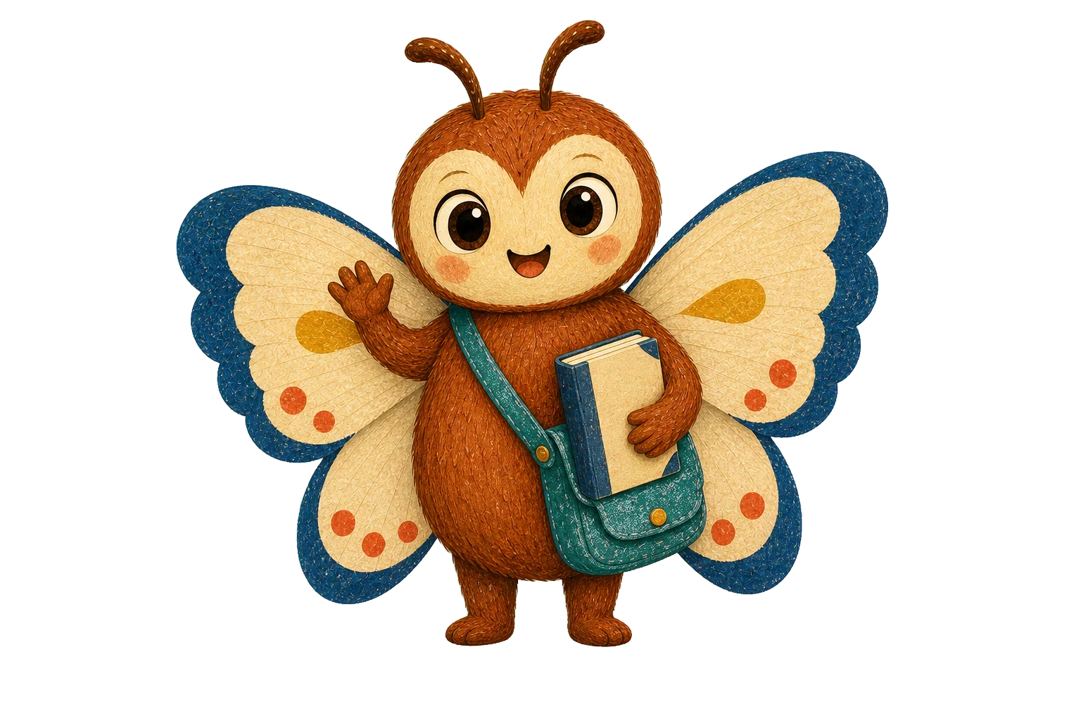 Pip the story moth waving hello while holding a finished book